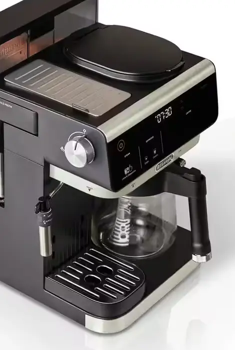 De'Longhi combination espresso and drip coffee machine with a steam wand and glass carafe